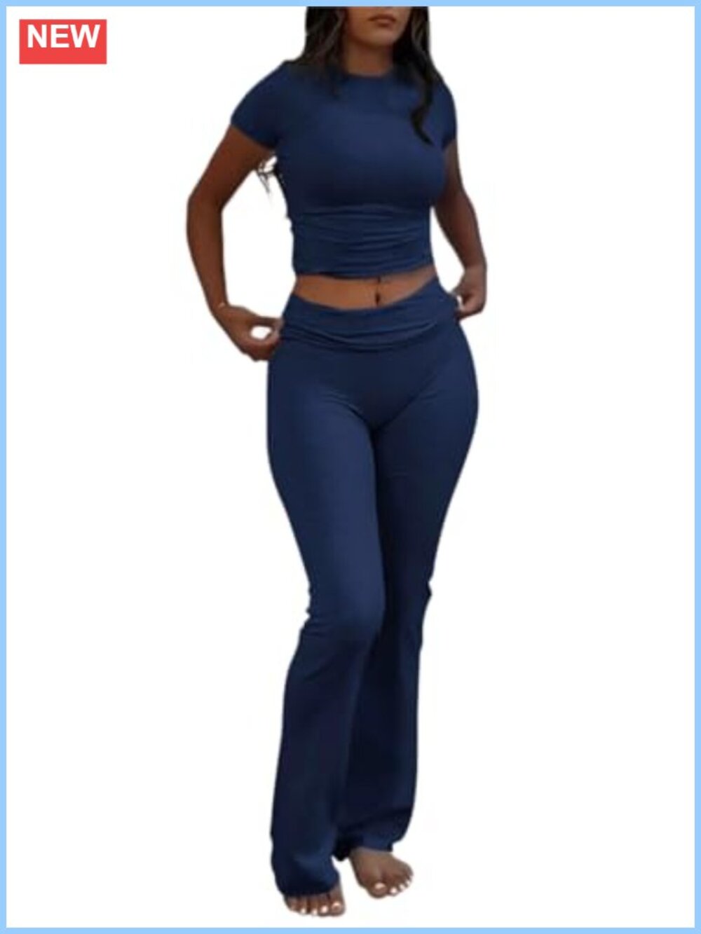 Fold Over Flare Pants Set Short Sleeve Crop Top Crew Neck Lounge Pajama